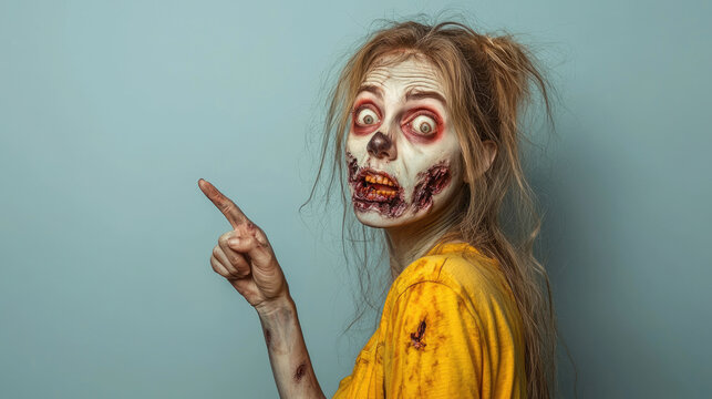 Portrait of living dead woman on background of light blue wall, zombie points finger to side. Theme of scary Halloween, people, showing, shopping, sale, person.