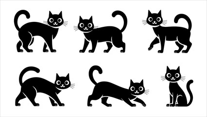 Black silhouette cats in different poses. Vector illustration isolated on white background