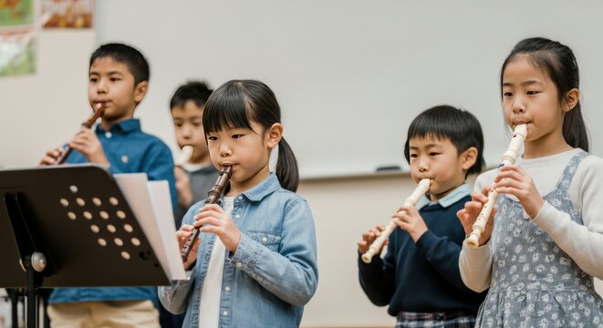 Young Children Playing Recorders In Music Class - Powered by Adobe