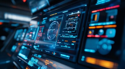 Fototapeta premium Holographic space station control, digital interface, floating data panels