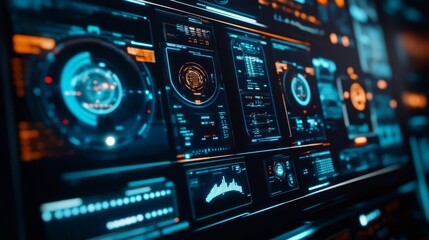 Obraz premium Holographic space station control, digital interface, floating data panels