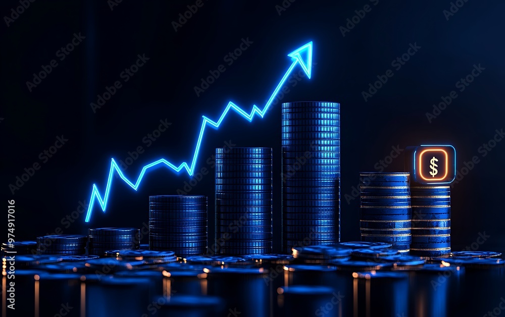 Poster 3d render of a blue glowing financial graph with stacked dollar coins and upward arrow in a dark bac