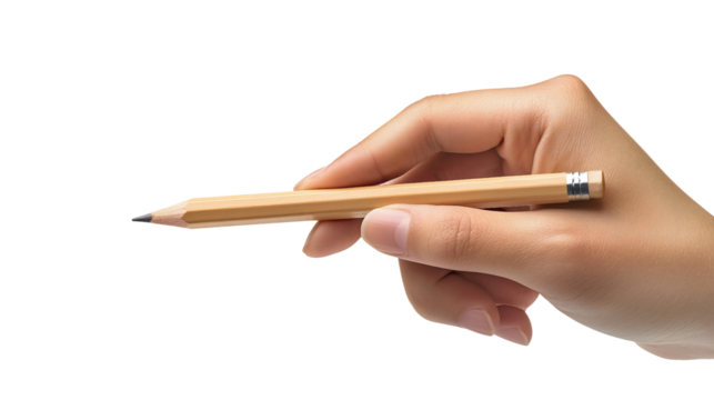  A hand holding a pencil, isolated on a transparent background, highlighting the gesture and focus. Ideal for educational, creative, or professional projects.