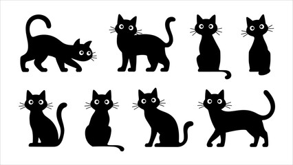 Black silhouette cats in different poses. Vector illustration isolated on white background