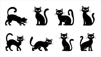 Black silhouette cats in different poses. Vector illustration isolated on white background