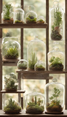 A collection of various sized terrariums neatly displayed on wooden shelves against a blurred natural background.

