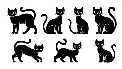 Black silhouette cats in different poses. Vector illustration isolated on white background