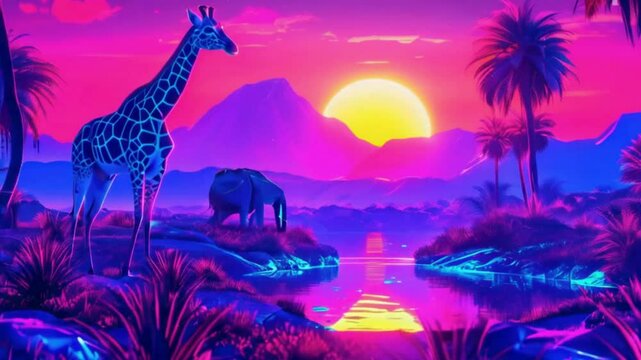 giraffe in the jungle with sunset synthwave style