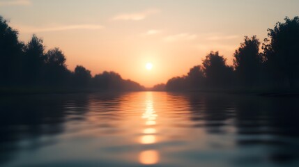 A serene and peaceful scene of a river with a sunset in the background