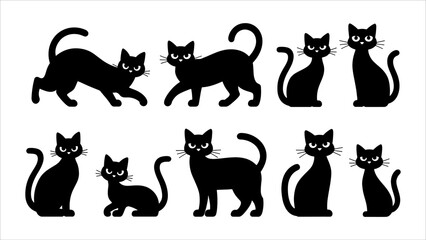 Black silhouette cats in different poses. Vector illustration isolated on white background