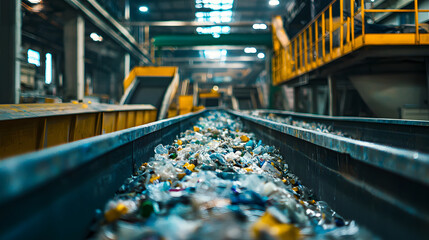 A detailed view of an advanced recycling plant showcasing conveyor belt filled with various types of waste materials. industrial setting emphasizes importance of recycling and waste management
