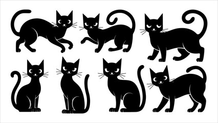 Black silhouette cats in different poses. Vector illustration isolated on white background