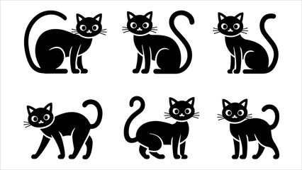Black silhouette cats in different poses. Vector illustration isolated on white background