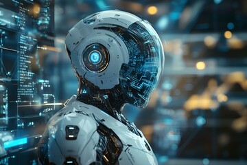 Fototapeta premium Advanced Humanoid Robot with Futuristic Digital Interface