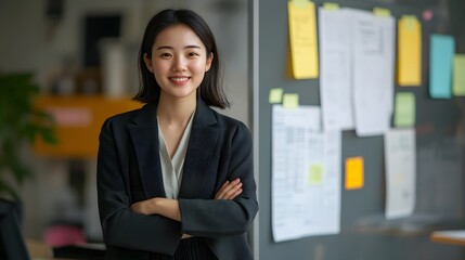 Confident Young Woman in a Black Blazer Standing in an Office