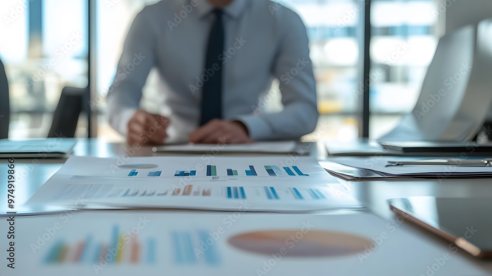 Poster close-up of charts and graphs on a desk with blurred businessman in the background
