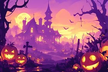 Fototapeta premium Creepy Gothic Mansion Surrounded by Carved Pumpkins..