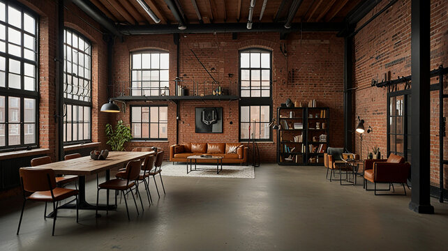 An Open Plan Loft With Exposed Brick Walls, Metal Fixtures, And Industrial Style Furniture