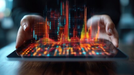 A close-up view of hands interacting with a tablet that displays a vibrant, glowing 3D bar graph with dynamic red, orange, and yellow data visualizations extending above the screen.

