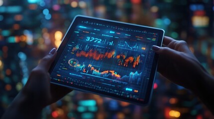 A tablet displaying detailed financial analytics with dynamic graphs and data points, held by hands against a blurred, colorful background.

