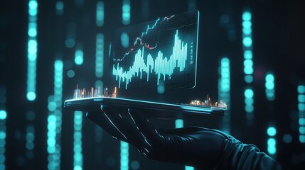 A gloved hand holding a futuristic tablet with glowing blue and orange bar graphs and line charts, set against a digital, high-tech background.

