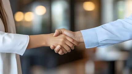 Close-up of a handshake between a woman and a man in a professional setting