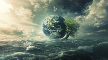 Earth, a Tree, and a Turbulent Sea Under a Cloudy Sky