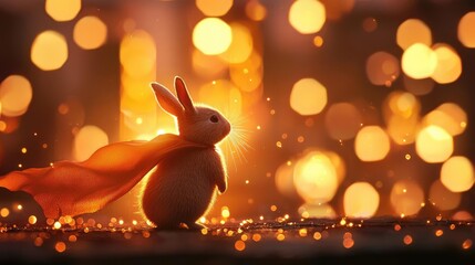 A heroic rabbit wearing a cape stands against a backdrop of warm, glowing lights, symbolizing courage and adventure.