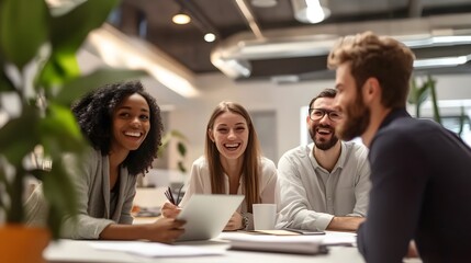 Fototapeta premium Four Diverse Colleagues Laughing Together During a Work Meeting
