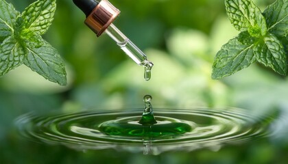A drop of peppermint essential oil falling from a glass dropper into a clear bowl of water, 