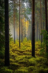 Naklejka premium A forest with trees and a lot of green grass. The sky is cloudy and the sun is not visible