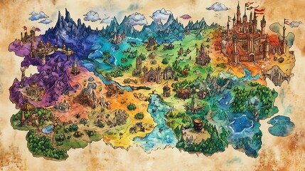 Fantasy World Map, Hand Drawn Style Illustration for RPG, Game, or Book