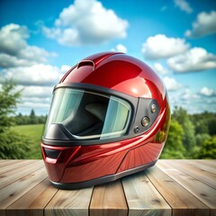 Fototapeta premium a 3D rendering of a red motorcycle helmet on a red background. The helmet is in the center of the image and is positioned in a way that it is facing towards the left side of the frame