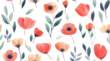 Seamless watercolor pattern featuring simple hand drawn flowers Floral design