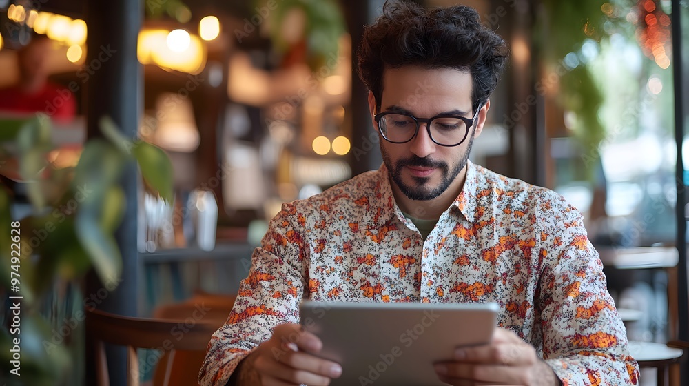 Poster man with beard and glasses using tablet in a cafe