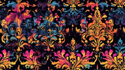 Seamless background featuring baroque and damask motifs Multicolored ornaments on a black backdrop Doodle style seamless pattern