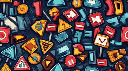 Seamless repeating pattern of road signs in cartoon style illustration