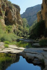 A river runs through a canyon with trees on either side. The water is calm and clear, and the surrounding landscape is rocky and rugged. The scene is peaceful and serene