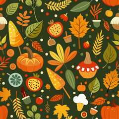 seamless pattern with pumpkins and leaves