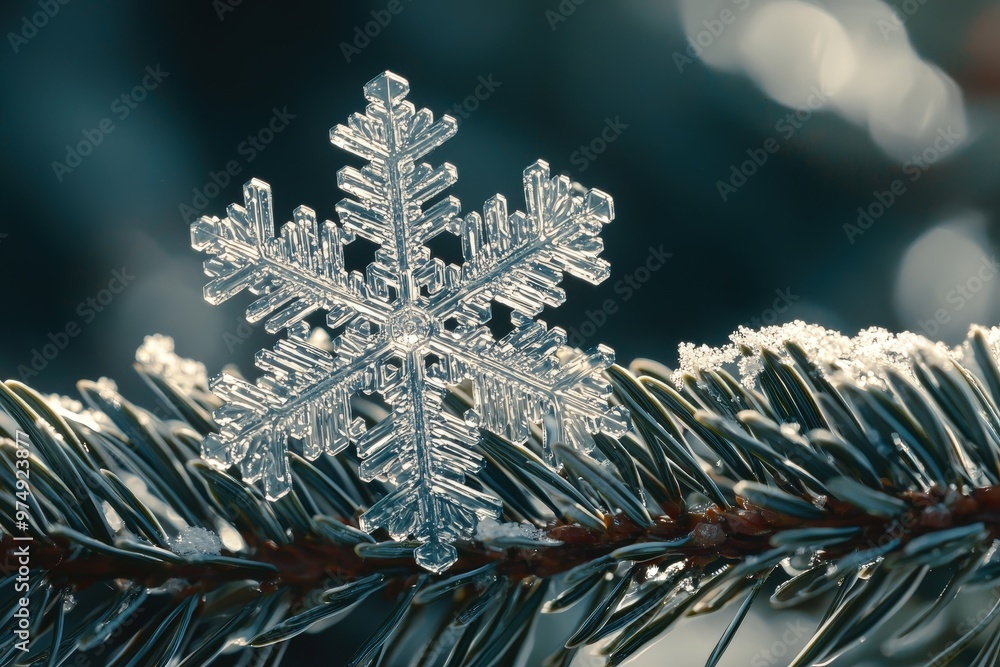 Poster intricate details of a snowflake on pine branch with soft blurred background for winter designs