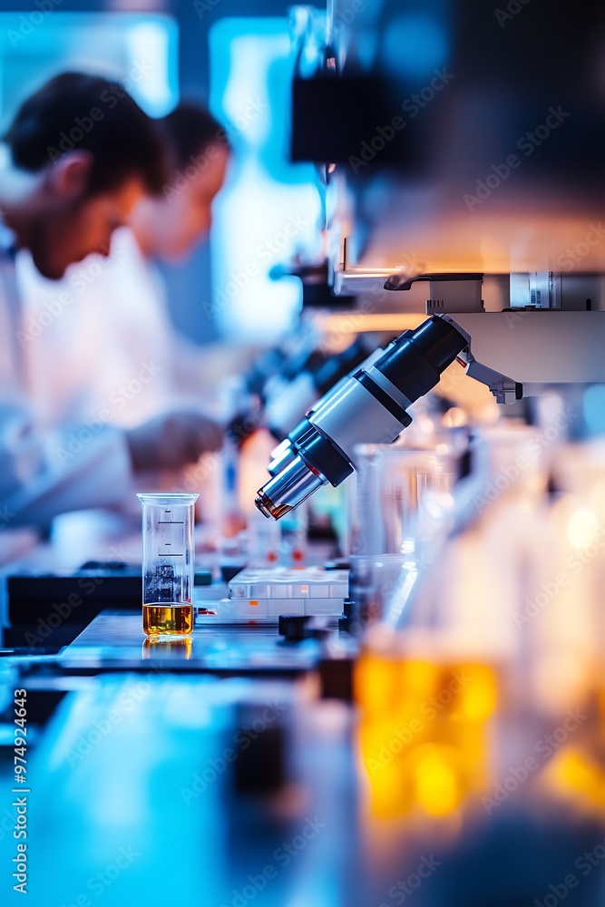 Poster scientist working in laboratory with microscope and beaker of yellow liquid