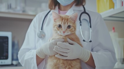 Veterinarian in lab coat and rubber gloves holding cat in veterinary clinic, concept of pet care, animal health, professional veterinary service.
