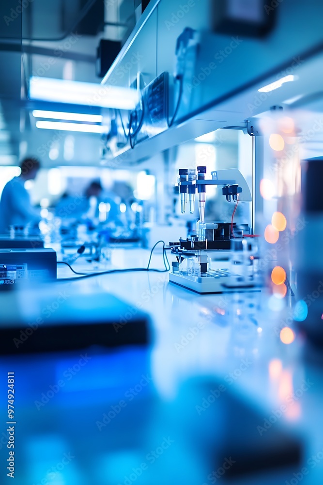 Poster laboratory equipment in sterile lab environment with scientists working in the background. concept o