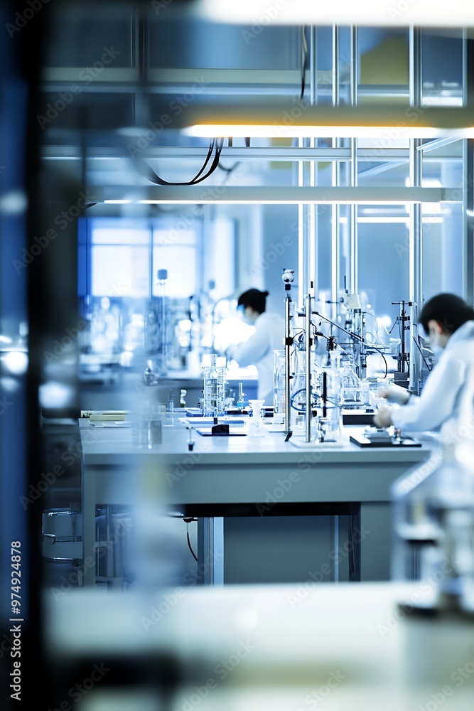 Poster two scientists working in a laboratory, blurred background