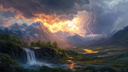 A Dramatic Mountain Landscape with a Waterfall and Lightning Strike