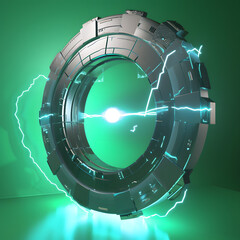 Futuristic Portal Emitting Bright Blue Plasma Energy, Designed with Sleek Metal Accents, Isolated on a Green Background, Highly Detailed 8K