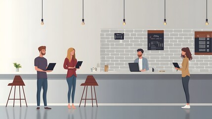 Obraz premium Three People Using Laptops in a Modern Coffee Shop