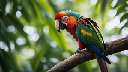 Obraz premium Fotorealistische Darstellung eines bunten Papageis auf einem Ast – Naturgetreue Farben und lebendige Details