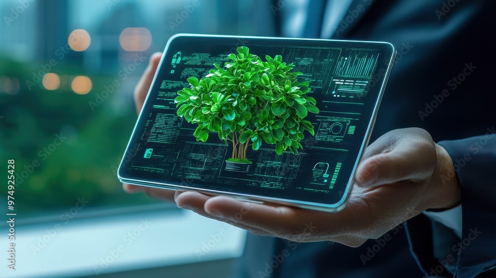 Poster a person holds a tablet displaying a virtual tree, symbolizing the fusion of technology and nature i