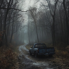 Eerie Forest Road with Blue Pick-Up Truck

